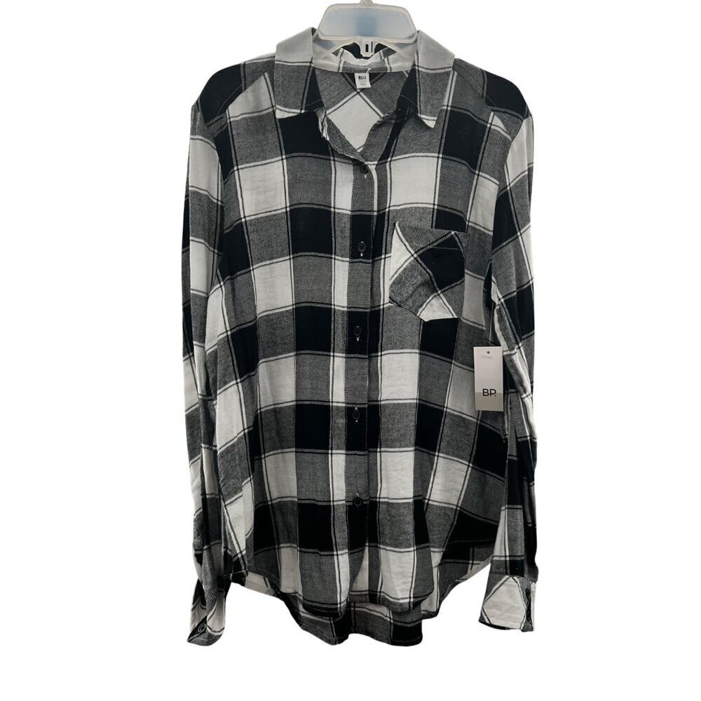 BP Nordstrom Plaid Button Up Top Women's Size XSS Black/White Long Sleeve New